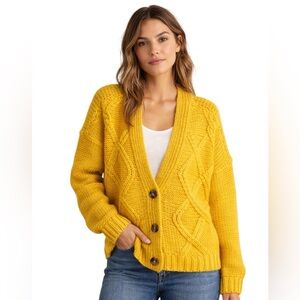 RETROD Yellow Cable Knit Cardigan Button Front Chunky Sweater